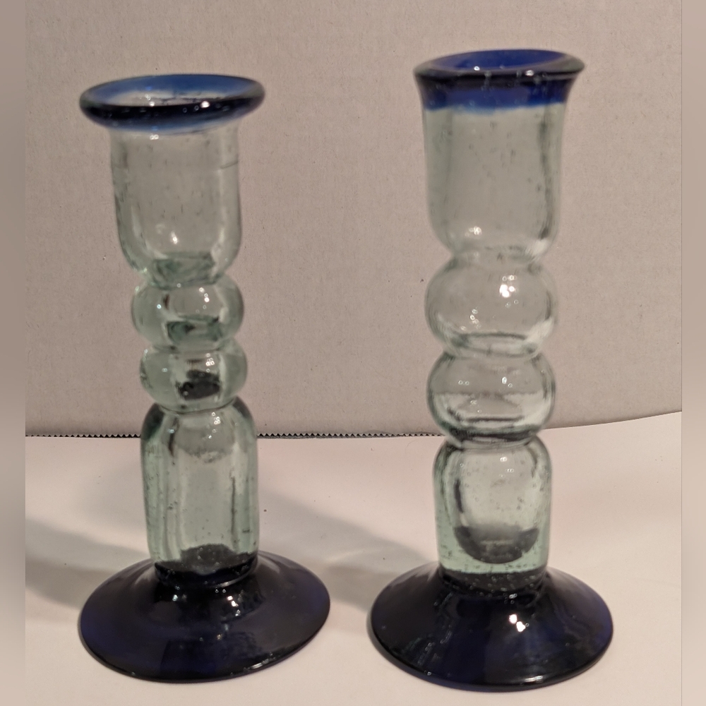 2 Vintage hand-blown glass candlestick holders, likely from Mexico.
